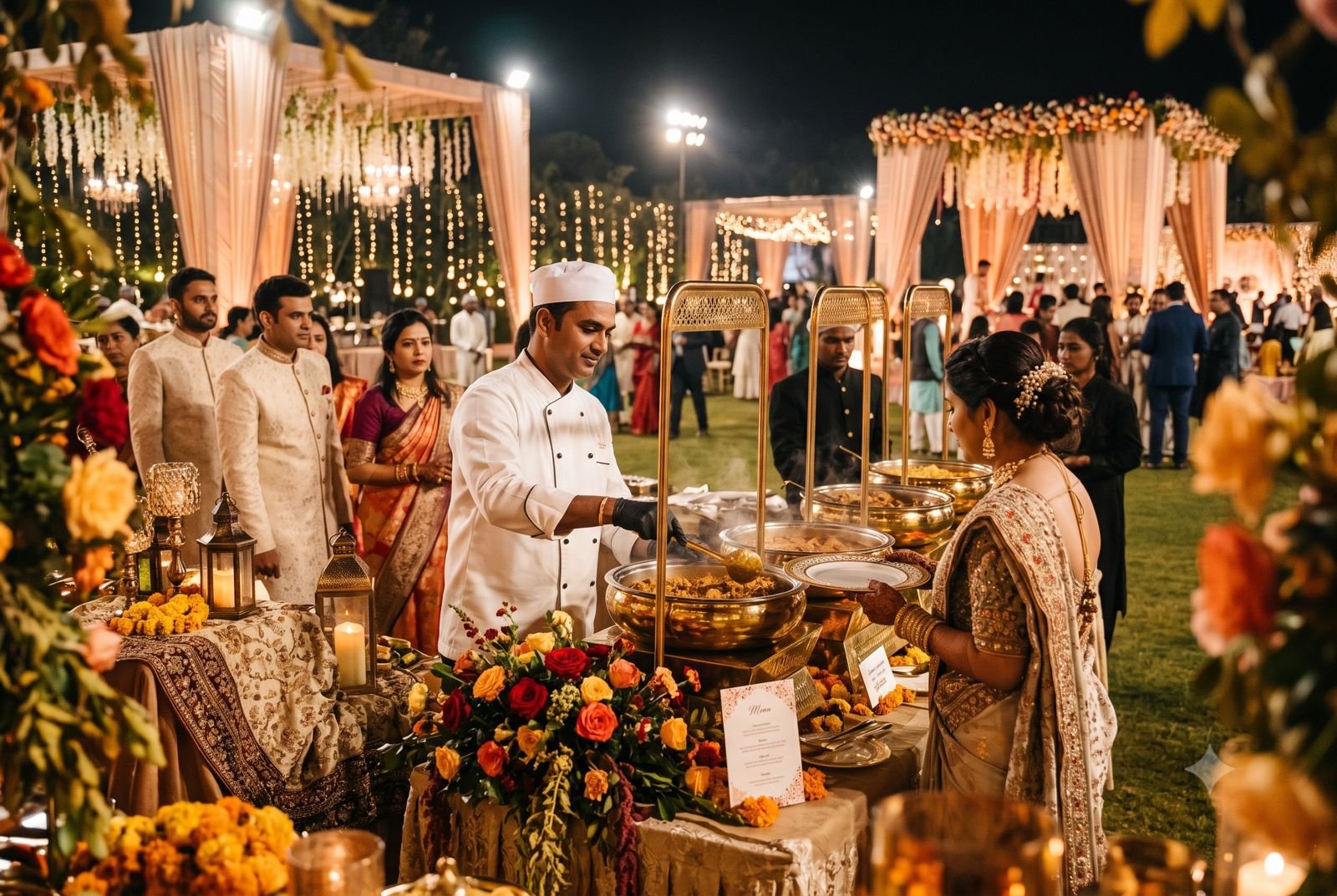 Elegant wedding banquet table with Hyderabadi feast
